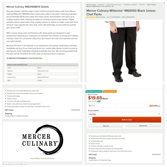 🌟🌟🌟Mercer Culinary plus 1X Blk Unisex Pants NWT - Picture 1 of 10